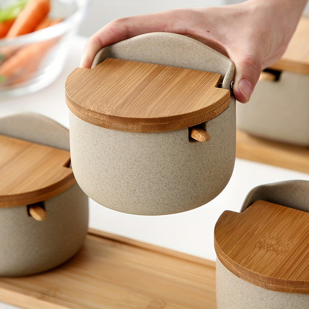 Ceramic Seasoning Pot Set with Tray Lid and Spoon Salt Pepper Spice Jars Kitchen Condiment Containers for Countertop Storage Set of 2 or 3