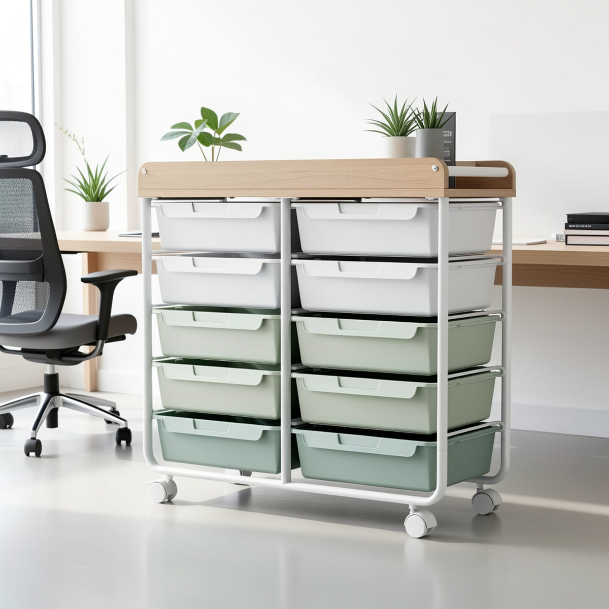10-Tier Rolling Storage Cart with Drawers and Tabletop Portable Utility Organizer for Home Office Classroom Art Supplies Crafts Cosmetics Green White Rainbow