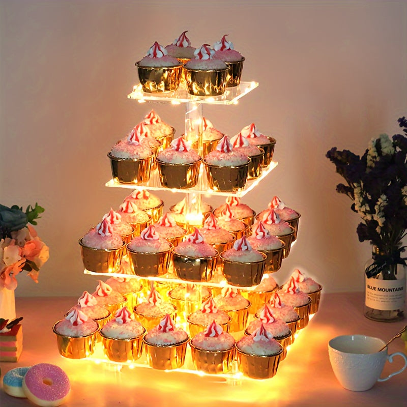 4-Tier Square Acrylic Cupcake Stand with LED Light Strip Holds 52 Cupcakes Dessert Display Tower for Weddings Birthdays Christmas Parties Graduations