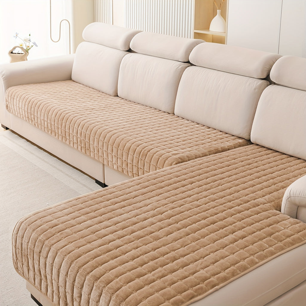 Quilted Short Plush Sofa Protector Set of 2 Ultra Soft Thick Non-Slip Sofa Mat – Pet Friendly, Machine Washable, Fits 3-Seater Sofa, Chaise & Bed Chair, Contemporary Home Decor