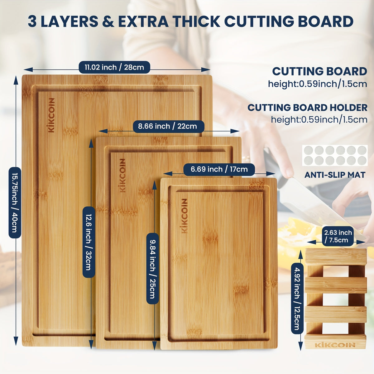 Bamboo Cutting Board Set with Storage Rack and Juice Groove - Kitchen Chopping Boards for Vegetables, Meat, Fruit, Bread & Cheese, Eco Friendly Bamboo Kitchen Board Gift