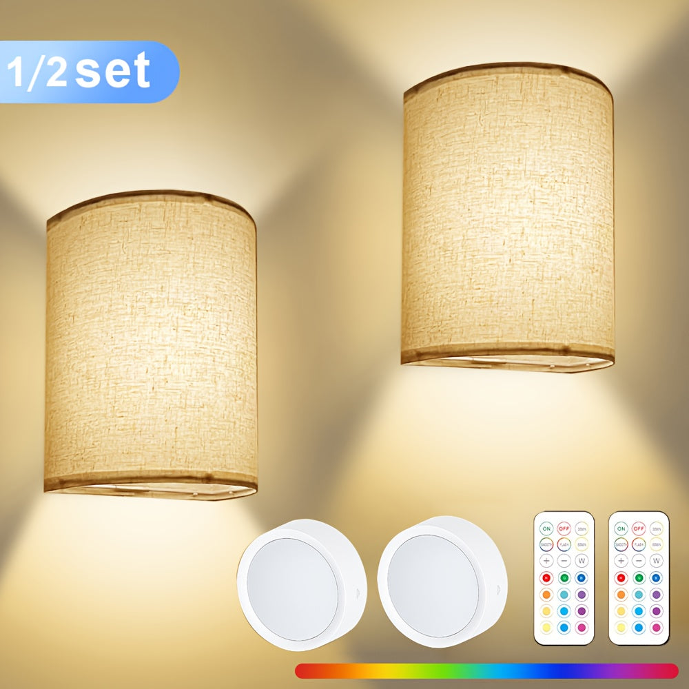 Wireless Wall Sconce with Linen Shade 2-Pack Battery Powered 3500mAh - 16 RGB Colors 3 White Light Modes Dimmable Timer Remote Control - Indoor Wall Light for Bedroom Living Room Hallway