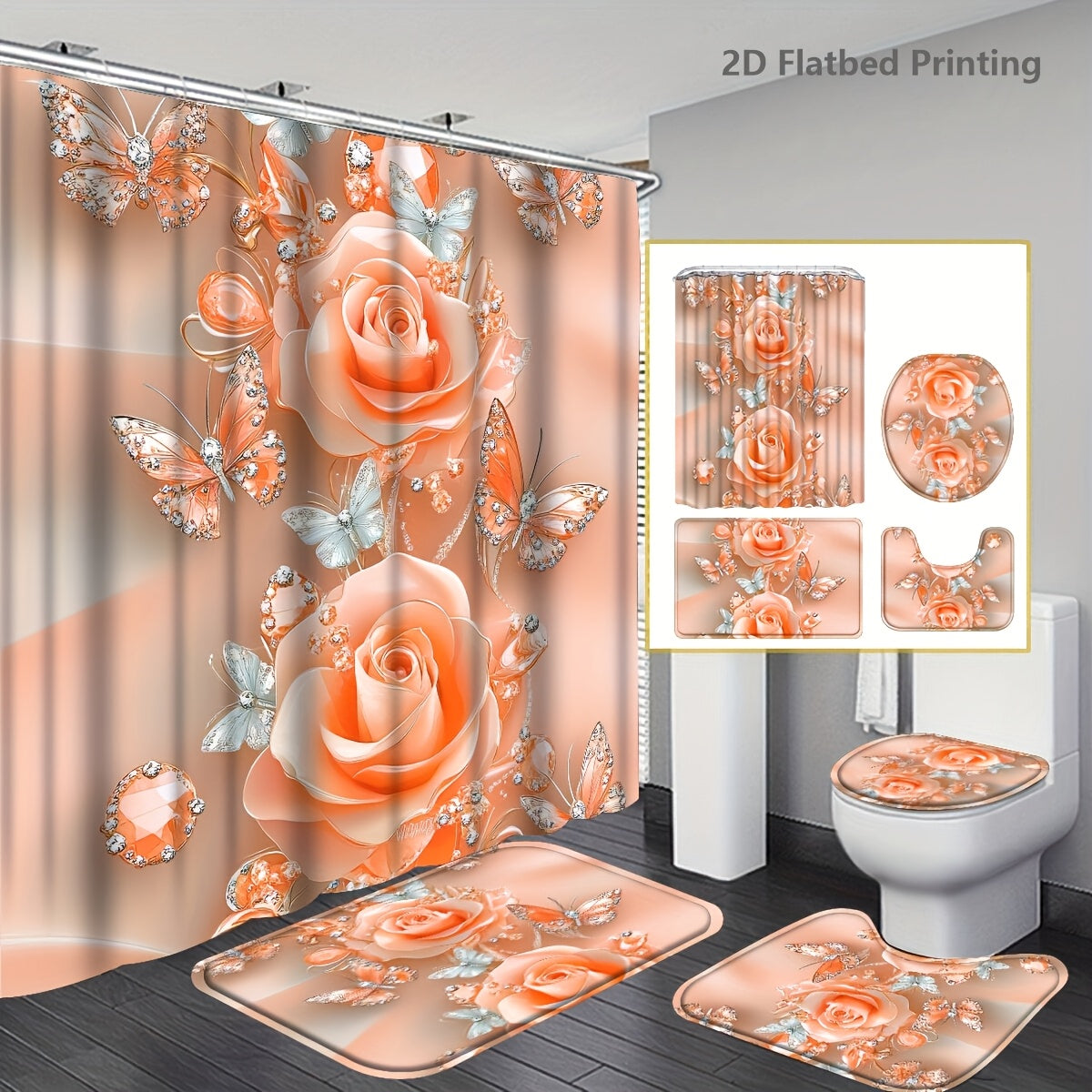 Flower Shower Curtain Set 4pcs – Abstract Floral Bathroom Curtain with 12 Hooks, Bath Mat, U-Shape Mat & Toilet Seat Cover, Modern Bathroom Decor