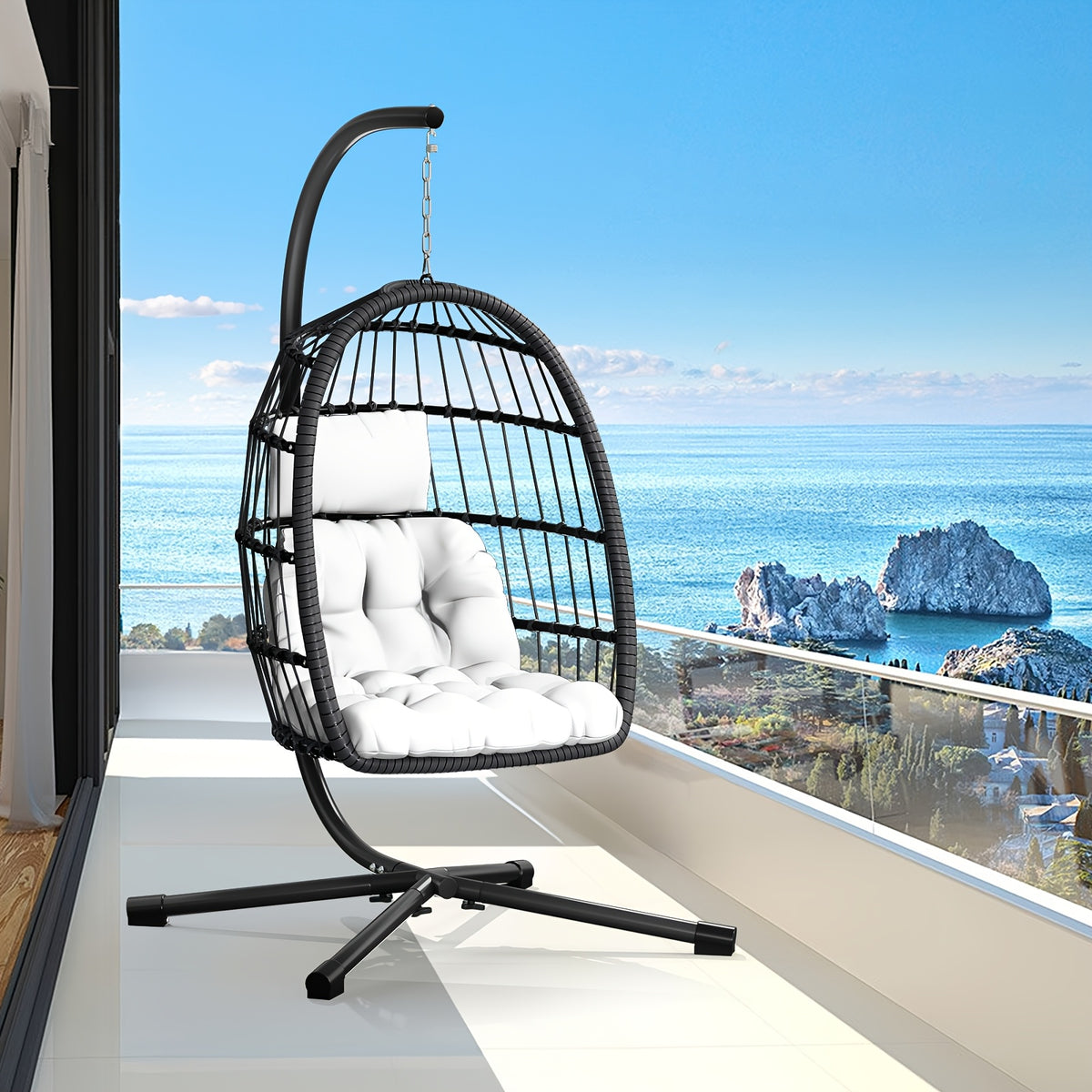 Egg Chair with Stand Rattan Wicker Outdoor Swing Hammock Chair Thickened Aluminum Frame UV-Resistant Cushion 350LBS Single or Two-Seater