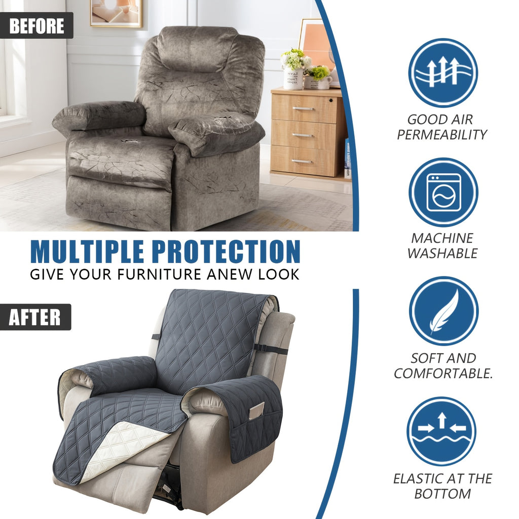 Quilted Recliner Sofa Cover Anti-Slip Wear-Resistant 4-Layer Fabric Dual Side Pockets Machine Washable Pet Home Bedroom Living Room 10 Colors 2 Sizes