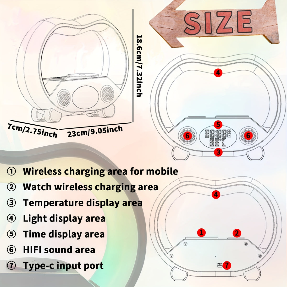 RGB Night Light 6 in 1 Wireless Speaker Alarm Clock Wireless Charging Phone Watch Temperature Display Bedroom Teen Gift Halloween Christmas Decor Black White