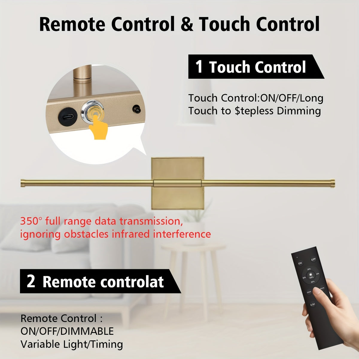 2-Pack Battery Operated Wall Sconces Wireless LED Dimmable Wall Lights with Remote & Touch Control – 350° Rotatable Cordless Wall Lamp for Bedroom, Hallway & Living Room