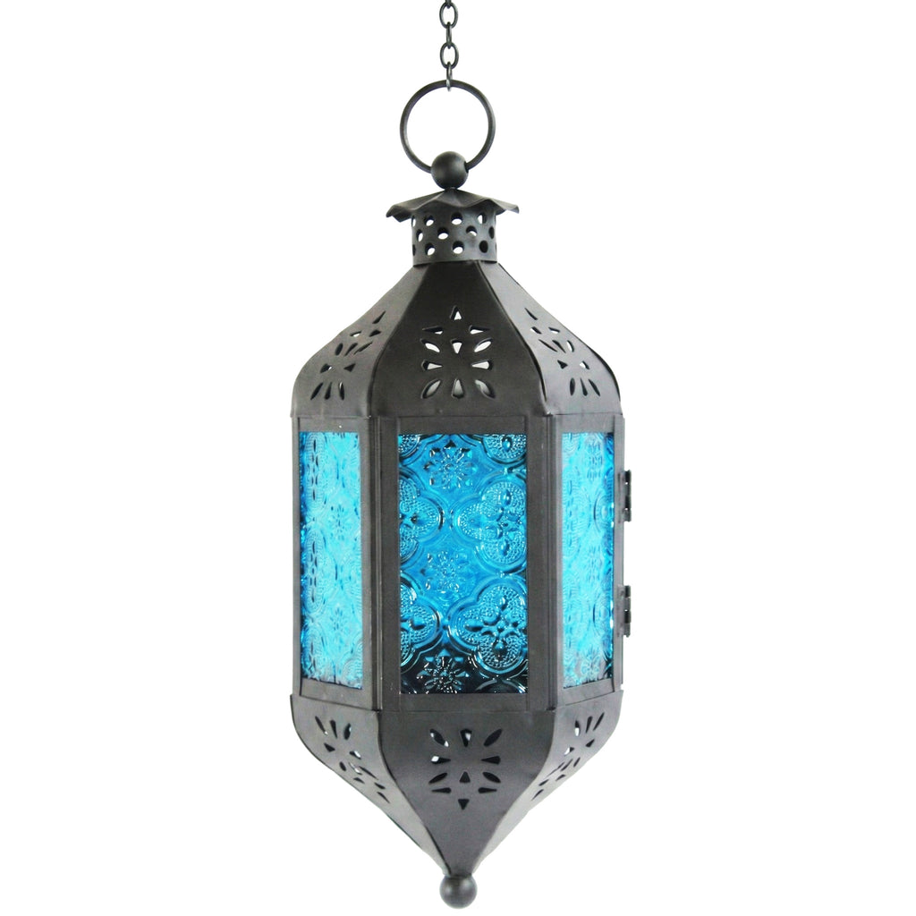 Moroccan Hanging Candle Lantern with Chain – Vintage Boho Style Iron & Glass Tealight Holder for Home, Patio, Garden, Wedding & Ramadan Decor (23.5" Overall)