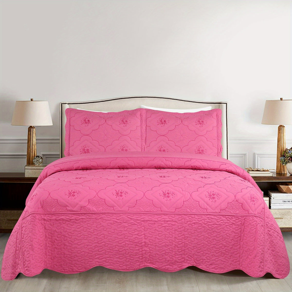 Quilted Embroidered Bedspread Set 3 Pcs – Floral Embroidery, 100% Polyester, Wrinkle-Resistant Lightweight Coverlet for Queen & King Bedroom Decor, 16 Colors