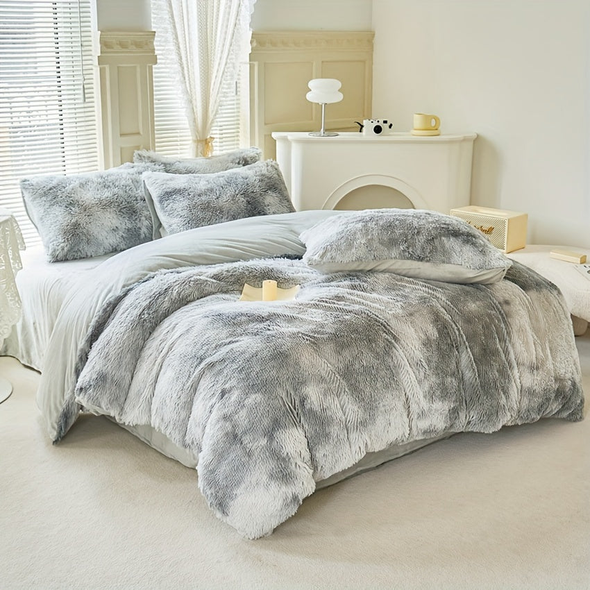 3-Piece Tie-Dye Long Plush Duvet Cover Set 1 Duvet Cover + 2 Pillowcases Zip Closure Machine Washable All-Season Elegant Bedroom Pink Khaki Light Gray Twin Full Queen King