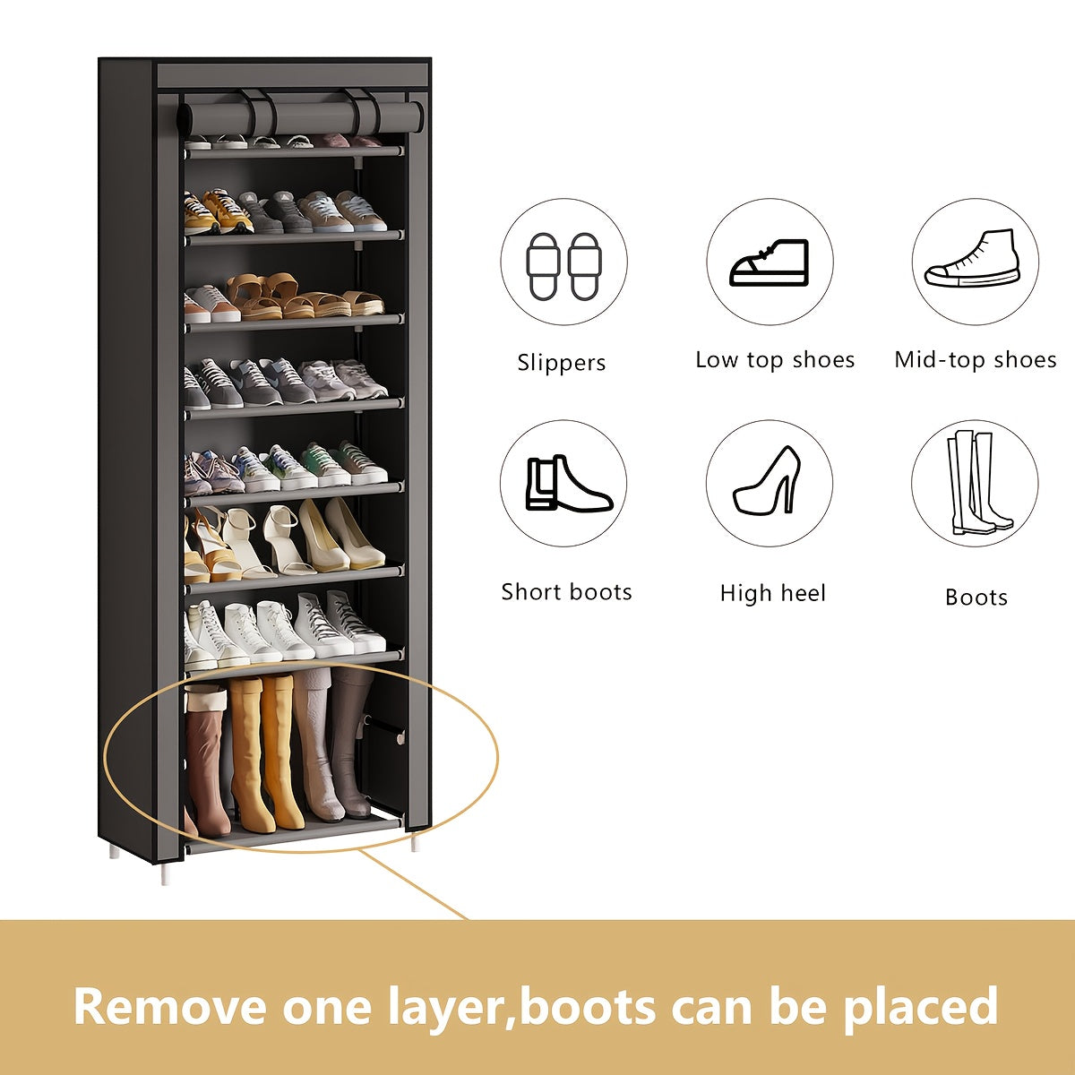 Shoe Organizer Cabinet with Cover – 6/8/10 Tier Nonwoven Fabric Shoe Storage Shelf for 27-35 Pairs, Portable Shoe Rack for Entryway, Closet, Bedroom (Dark Gray)