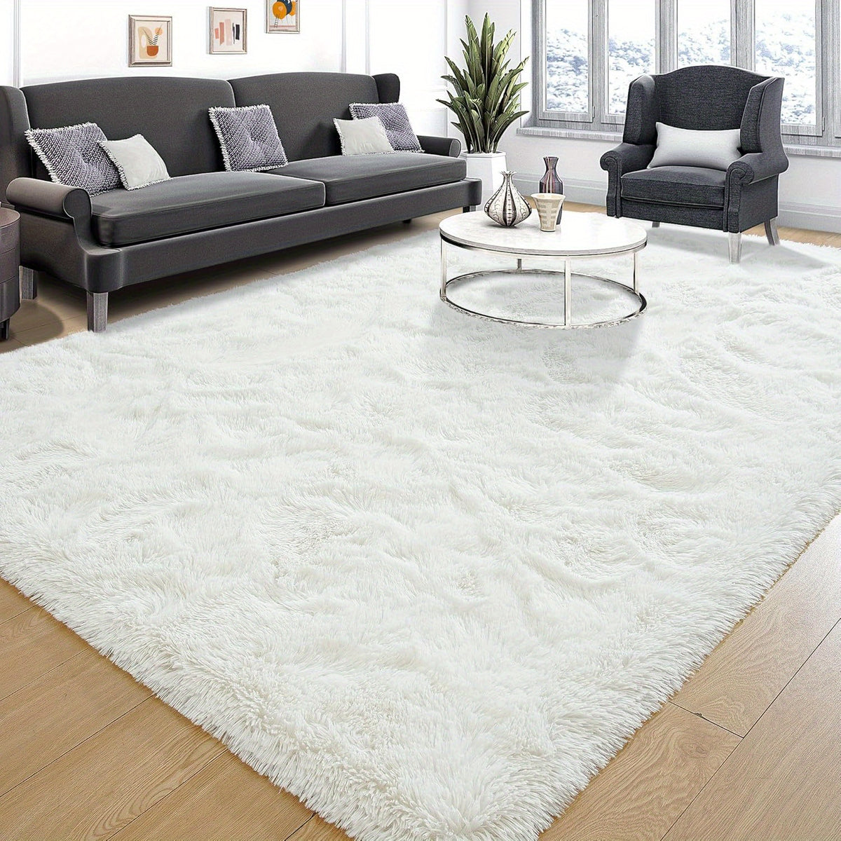 Fluffy Shag Area Rug for Living Room & Bedroom – Soft Non-Slip Plush White Carpet, Cozy Modern Indoor Shaggy Floor Mat, 4x6 5x7 6x9 8x10 ft Large Home Decor Rug