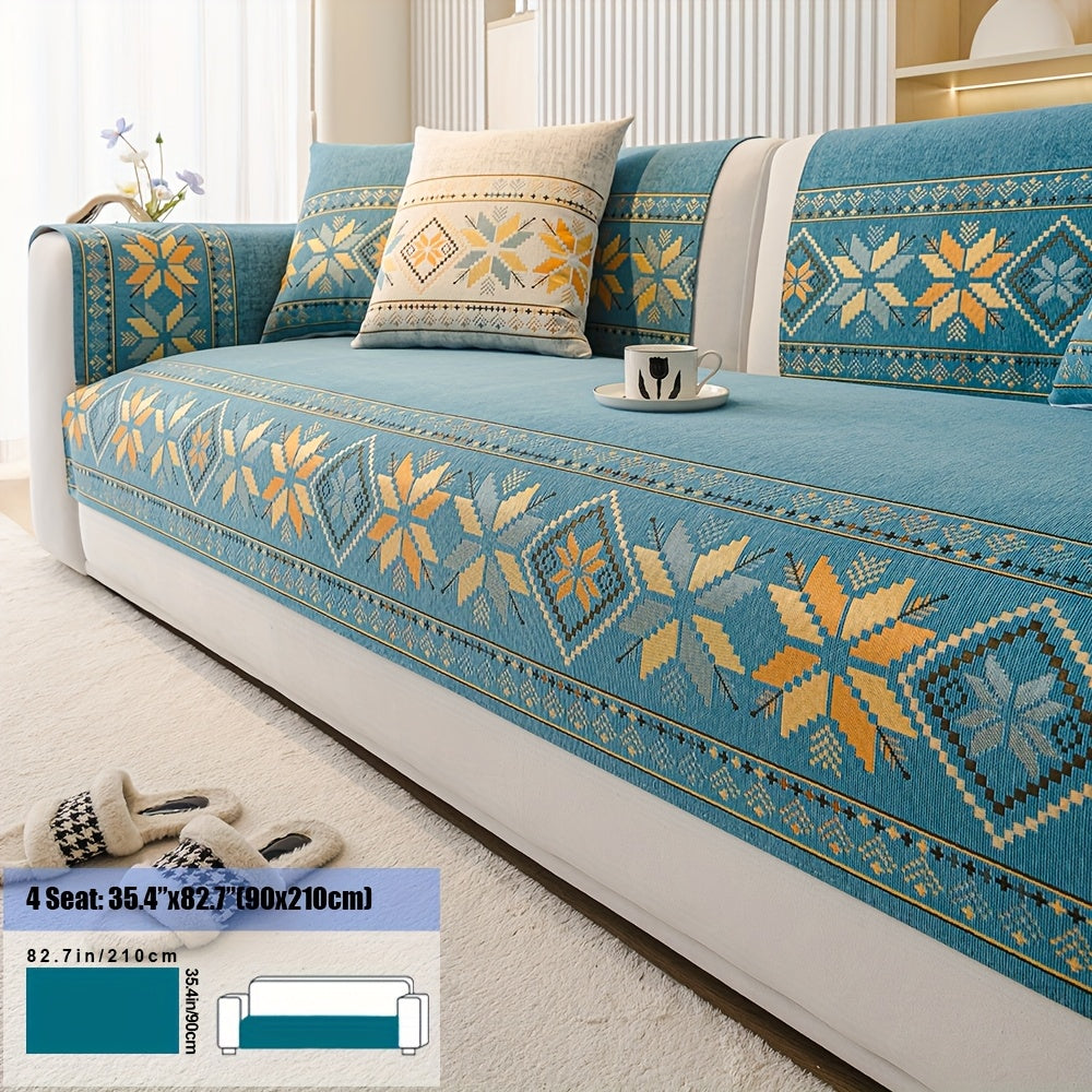 Chenille Sofa Slipcover Non-Slip Removable Couch Cover, 100% Polyester Boho Vintage Style Sofa Towel for 1 to 4-Seater Sofas & Armrests, Four Seasons Universal Home Decor in Dark Gray, Light Gray & Blue