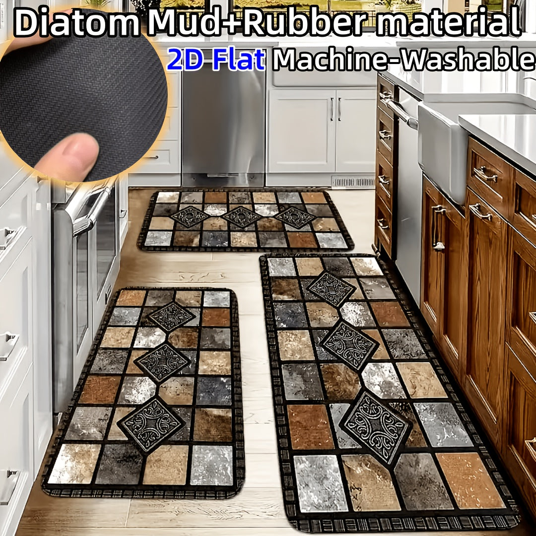 Vintage Plaid Kitchen Floor Mat Set – Diatom Mud Rubber, Absorbent, Non-Slip, Fast Drying, Machine Washable | Kitchen, Bathroom & Hallway | 2-Piece & 3-Piece | Nuvia Haven