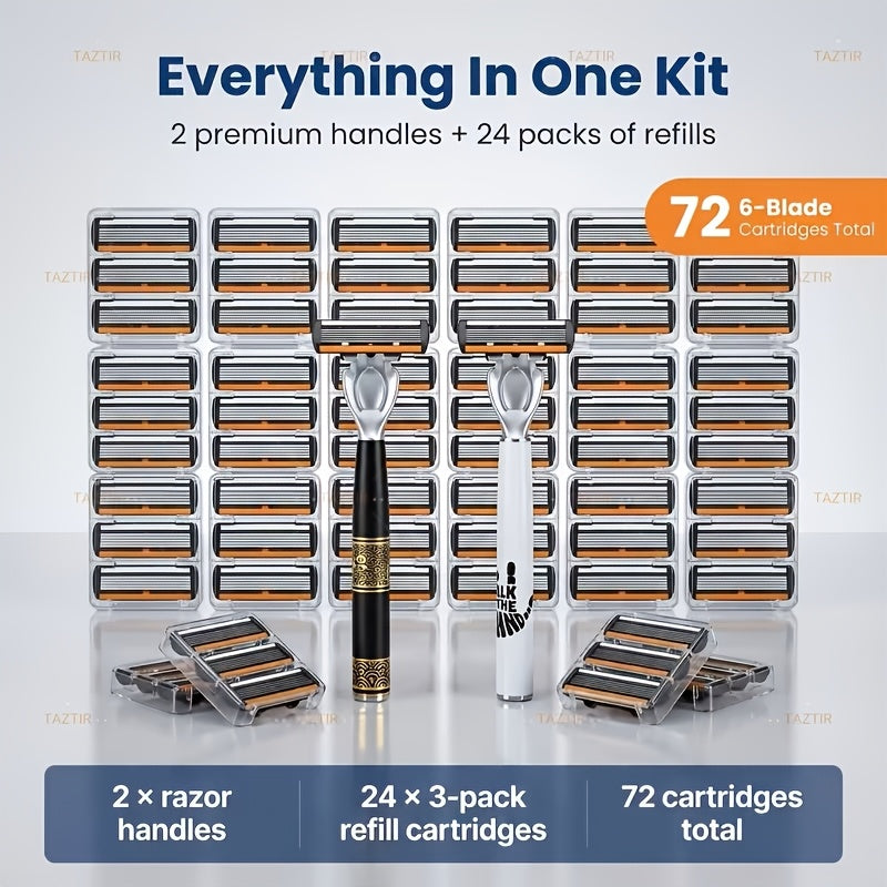 Men's Razor Shaving Kit 2 Handles 72 Blade Refills - Six-Layer Stainless Steel Safety Razor Set for Beard Mustache Grooming, Christmas Valentine Gift for Him
