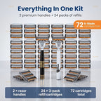 Men's Razor Shaving Kit 2 Handles 72 Blade Refills - Six-Layer Stainless Steel Safety Razor Set for Beard Mustache Grooming, Christmas Valentine Gift for Him