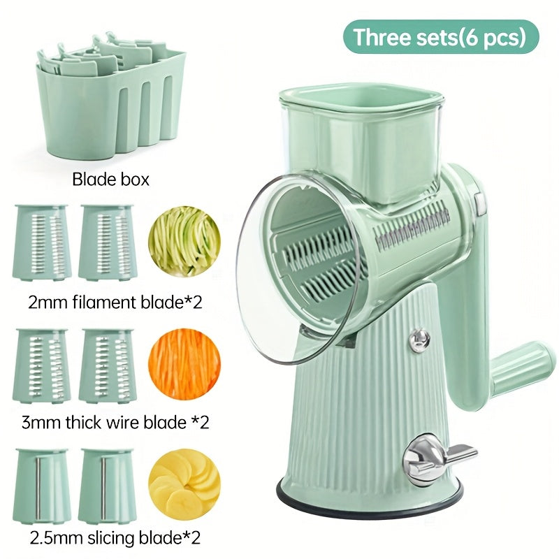 5-in-1 Rotary Cheese Grater with Interchangeable Blades, Suction Cup Base & Handle – Manual Vegetable Slicer Shredder for Cheese, Fruits, Nuts & Vegetables – Easy Clean Kitchen Tool Set