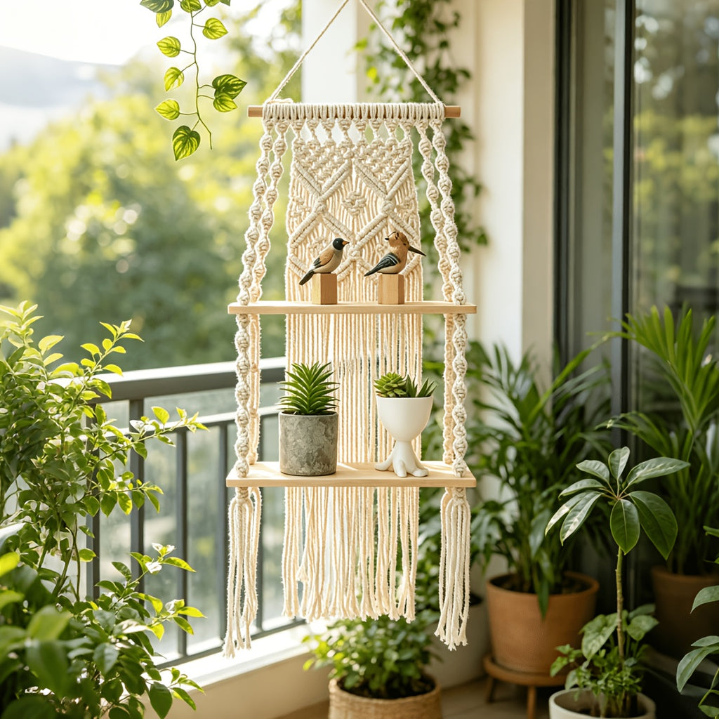 Boho Woven Wall-Mounted Floating Shelf Rack – Handcrafted Macrame Wood Storage Shelf for Bedroom, Bathroom & Bohemian Wall Decor
