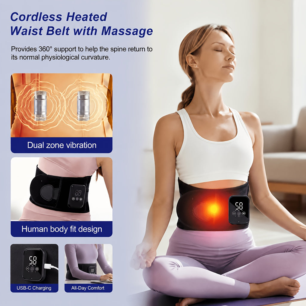 Cordless Electric Heating Waist Massager Belt with LCD Display, 3-in-1 Heating, Massage & Lumbar Support, 3 Adjustable Heat Settings, Back Pain Relief for Men & Women, Great Gift
