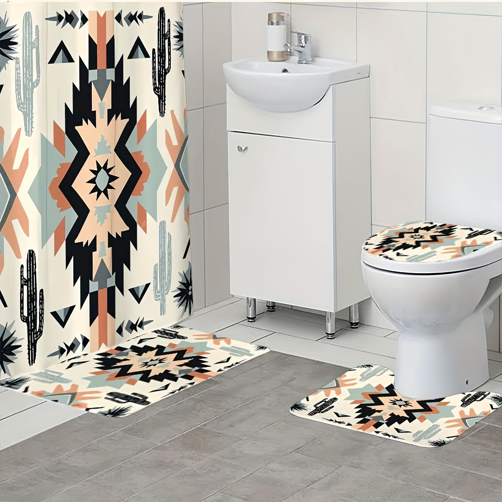Boho Shower Curtain Set 4 Piece - Bohemian Pattern Bathroom Set with 12 Hooks, Non-Slip Toilet U-Pad & Lid Cover, Colorful Mandala Decor for Apartment Home Bathroom, Holiday Gift