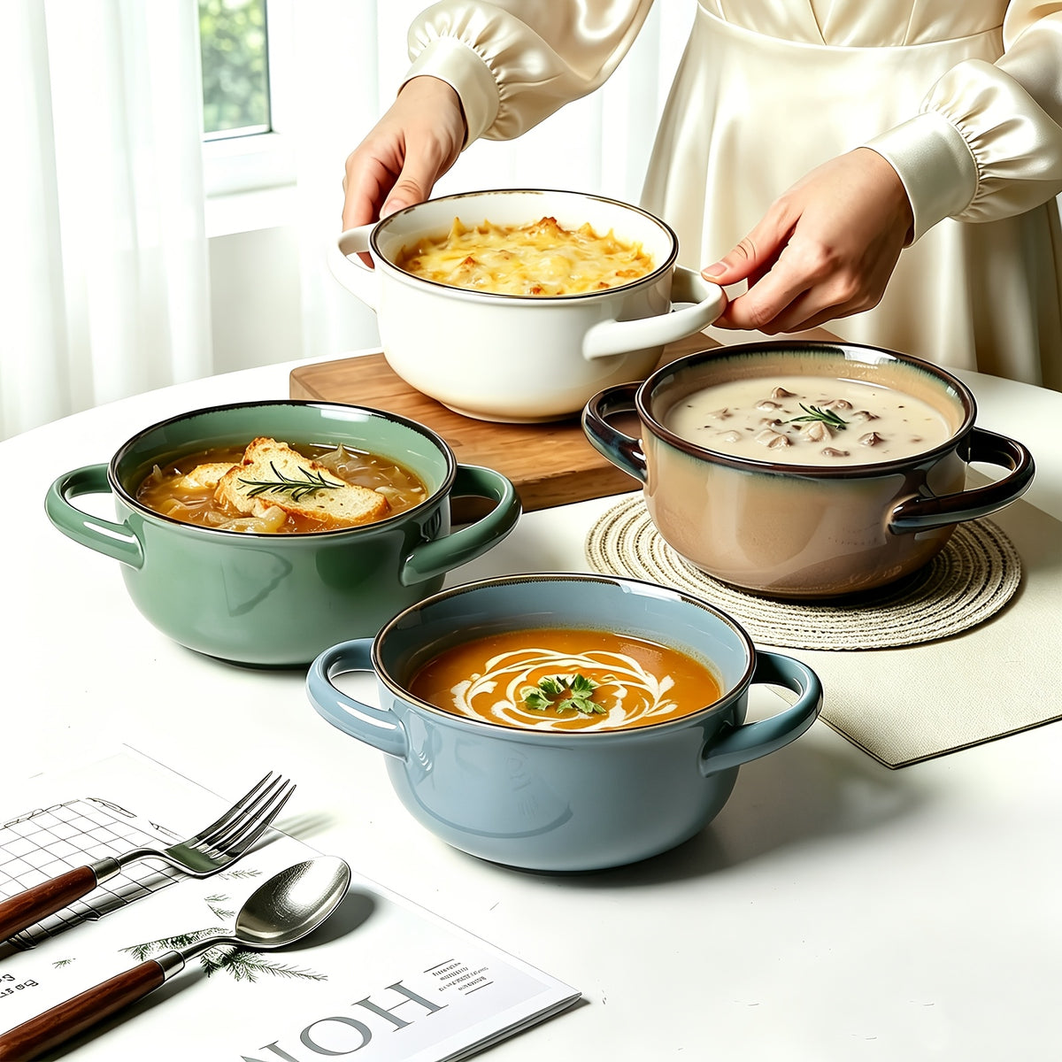 Colorful Ceramic Double-Handled Bowl Set Dopamine Style 28oz Extra-Large – Microwave & Dishwasher Safe for Soup, Salad, Pasta & Ramen – 2 or 4 Piece, Assorted Colors