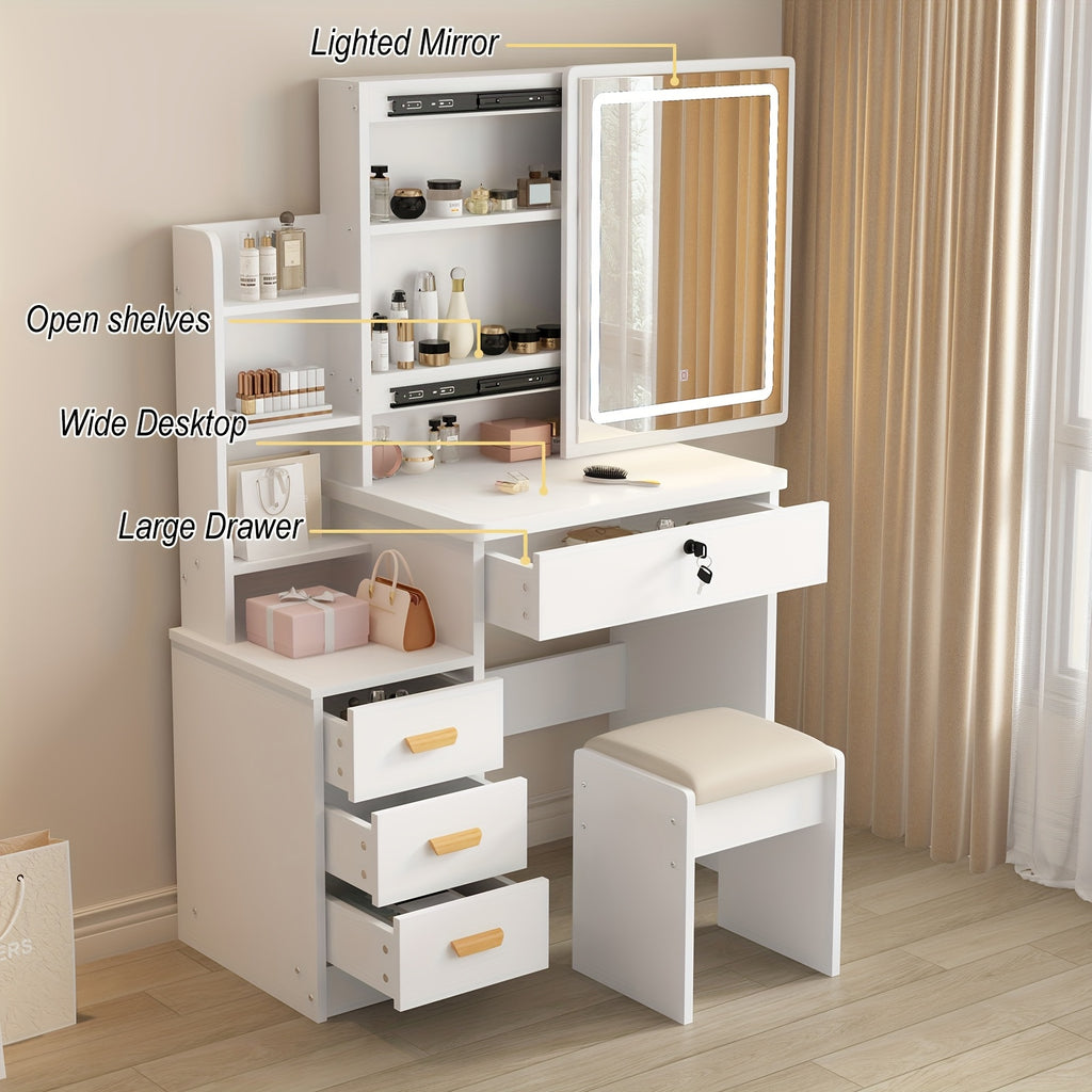 European Makeup Vanity Set with LED Lighting, Sliding Mirror, Drawers & Stool – 3 Color Modes Adjustable Brightness Bedroom Vanity Table White