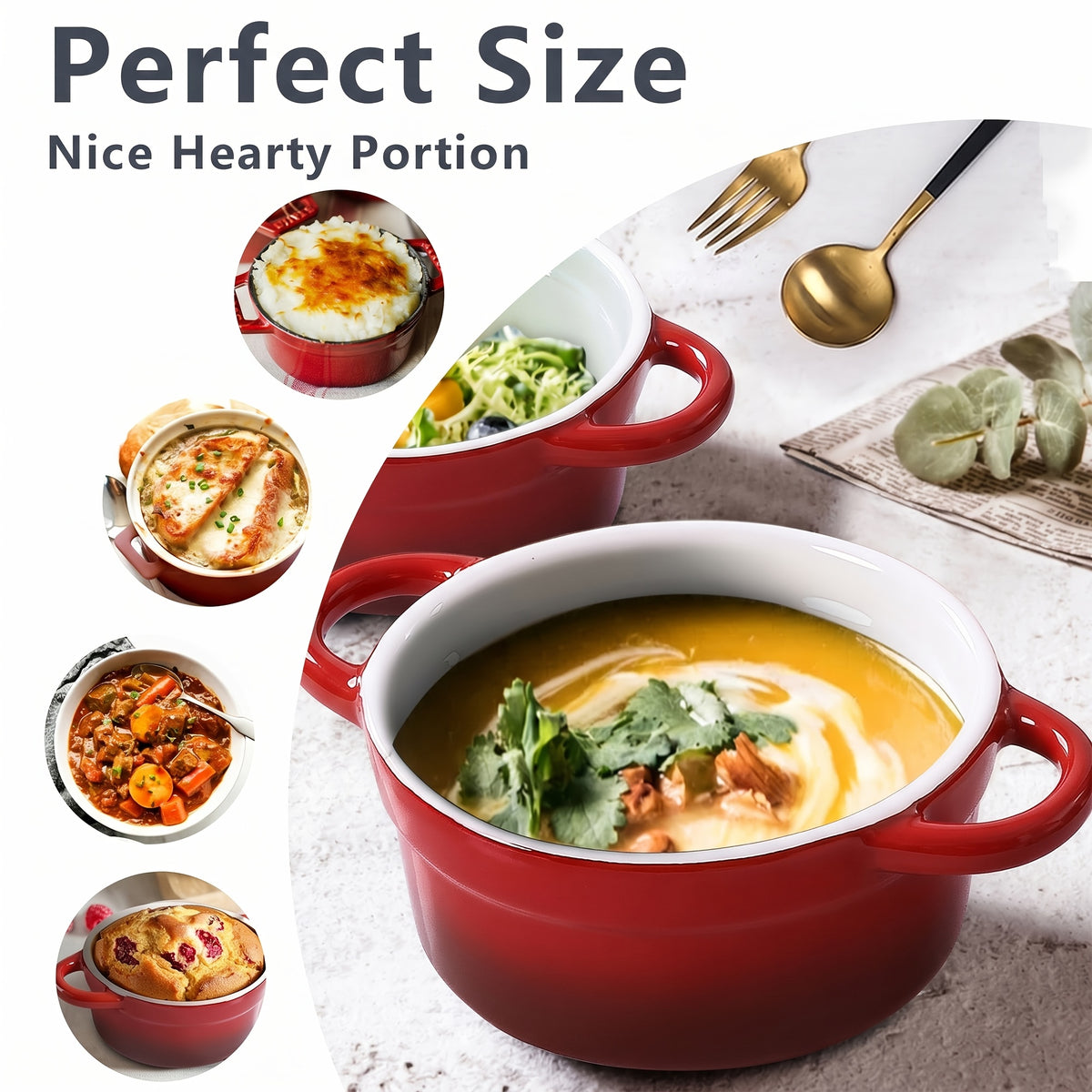 Mini Cocotte Set of 4 - 12oz Ceramic Casserole Dishes with Handles & Lids - Small Baking Ramekins Oven Microwave Dishwasher Safe, French Style Individual Serving Dishes, Red Blue White
