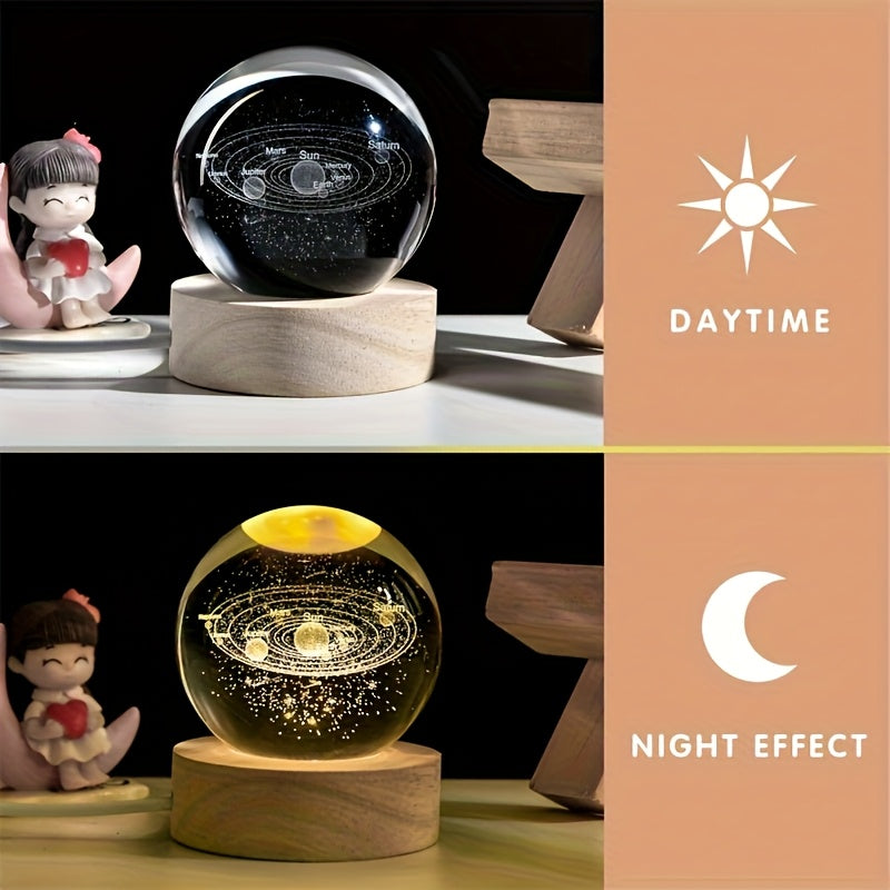 Solar System Crystal Ball LED Night Light with Wooden Base - 3D Laser Engraved Planetary Model Space Lamp for Bedroom Living Room Desk Decor, Gift for Astronomy Enthusiasts and Space Educators