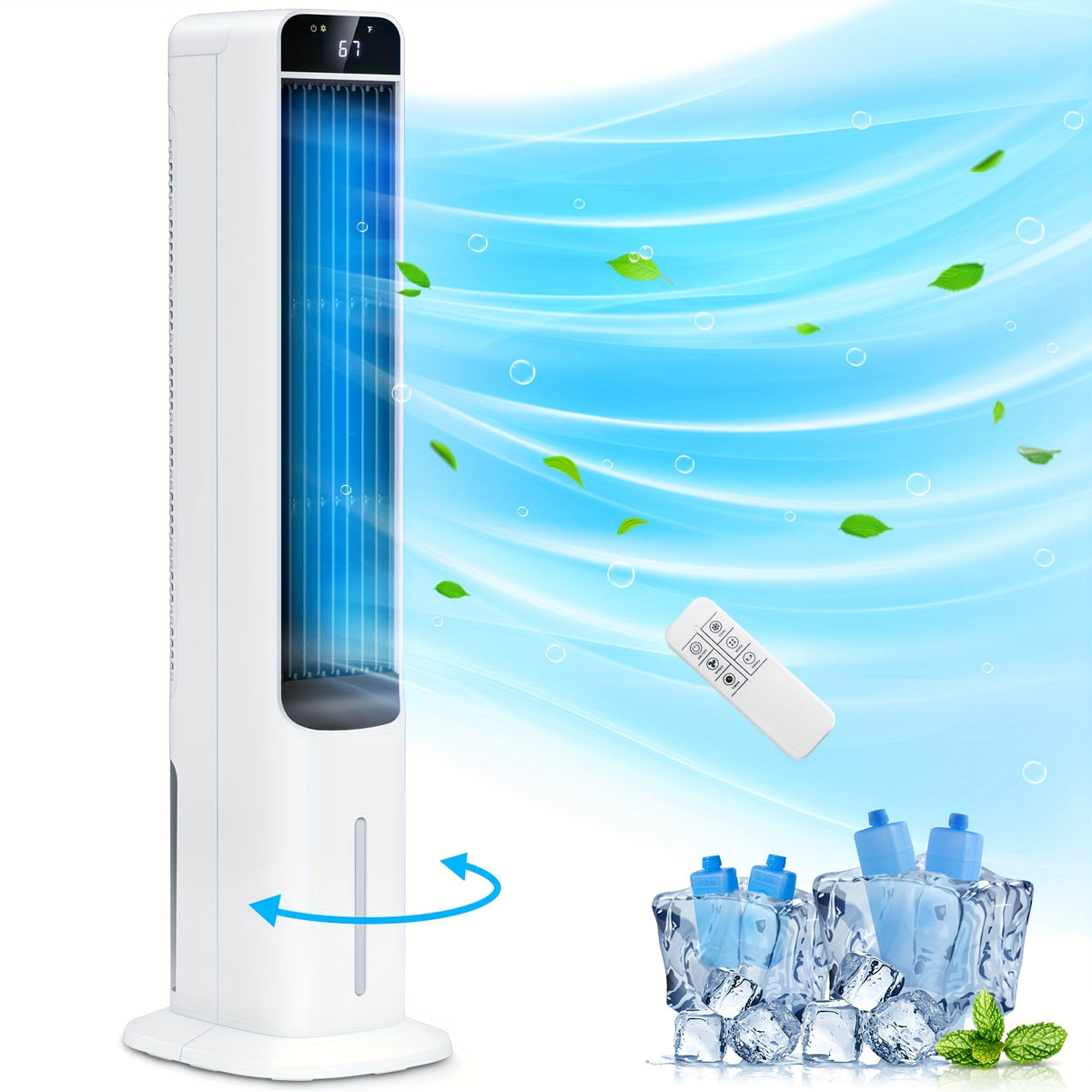 Portable Evaporative Cooler – Bladeless Tower Fan with Ice Cooling & Humidifier | 3-in-1 Swamp Air Cooler, 4 Ice Packs, 70° Oscillation, 1.32 Gal | Bedroom, Kitchen & Office