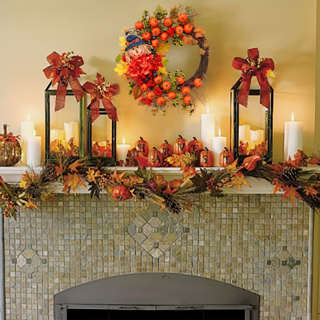 Fall Thanksgiving Wreath Decor – Pumpkin Leaves Floral Doll Autumn Wreath for Front Door, Indoor & Outdoor Walls, Windows, Family & Holiday Party, Christmas Winter Home Decor