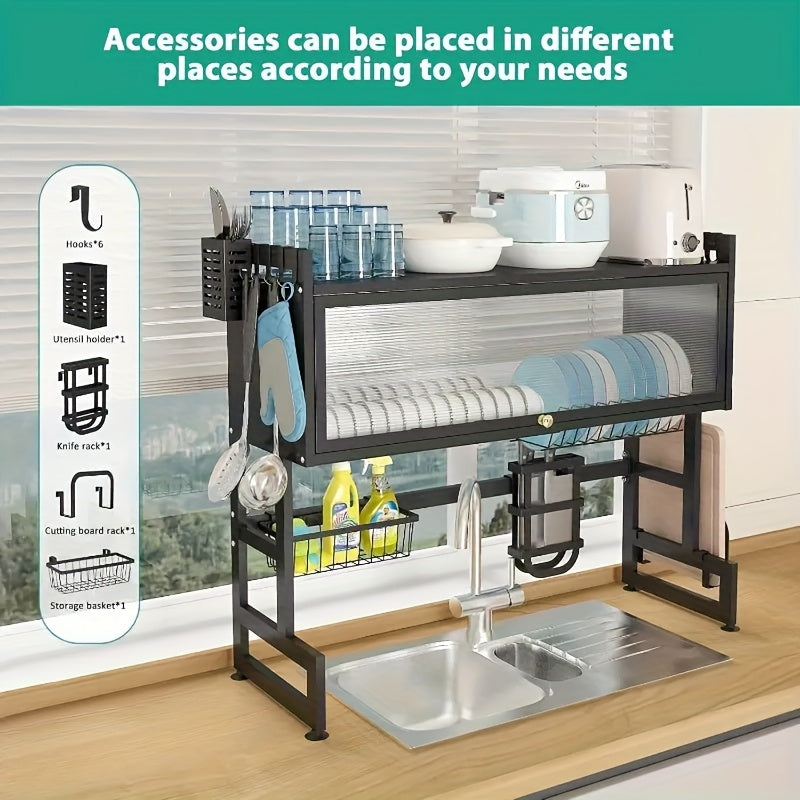 Multi-Tier Dish Rack with Dust-Proof Cover – Black Kitchen Countertop Drying Rack for Dishes, Drain Rack for Kitchen Sink, Space-Saving Utensil Storage Organizer for Household Kitchen