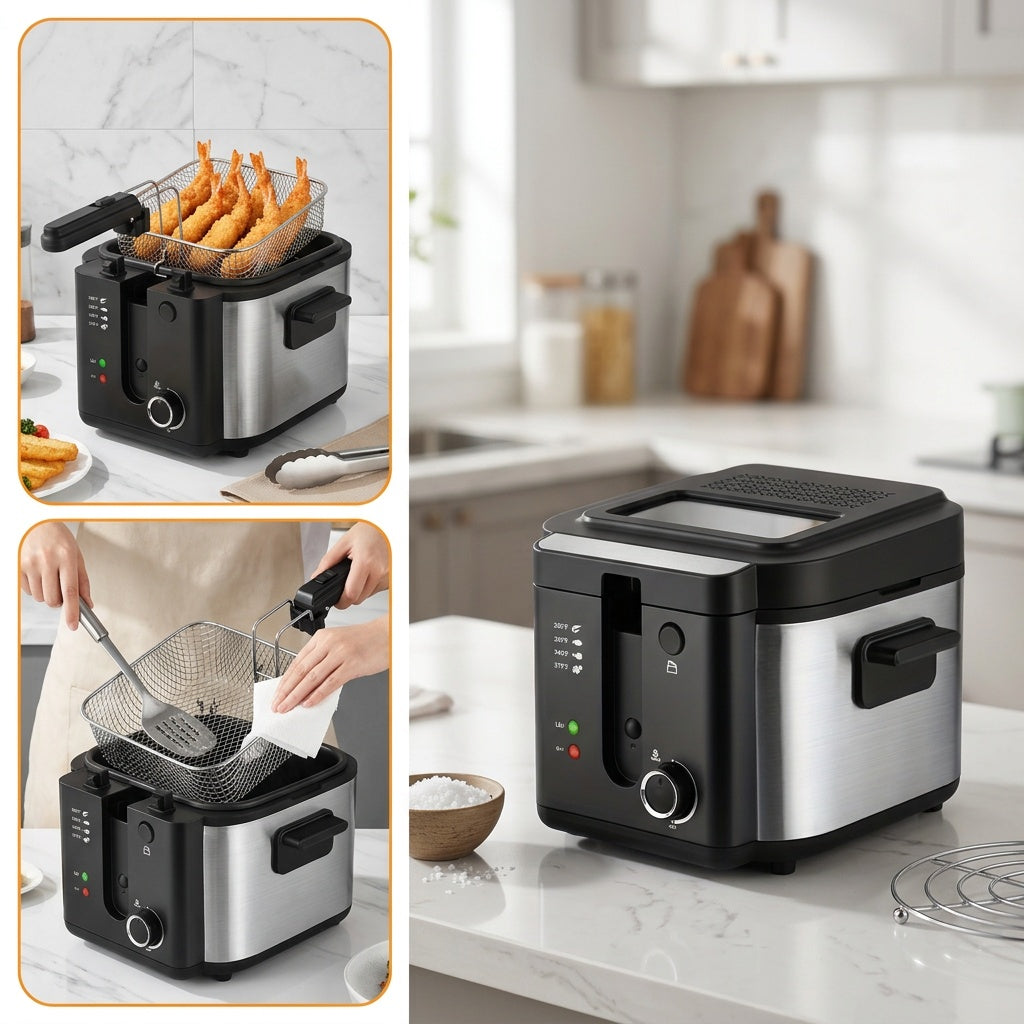 Electric Deep Fryer with Stainless Steel Basket 1.5L-6L Adjustable Temperature Foldable Handle Easy-Clean Dishwasher Safe