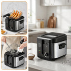 Electric Deep Fryer with Stainless Steel Basket 1.5L-6L Adjustable Temperature Foldable Handle Easy-Clean Dishwasher Safe