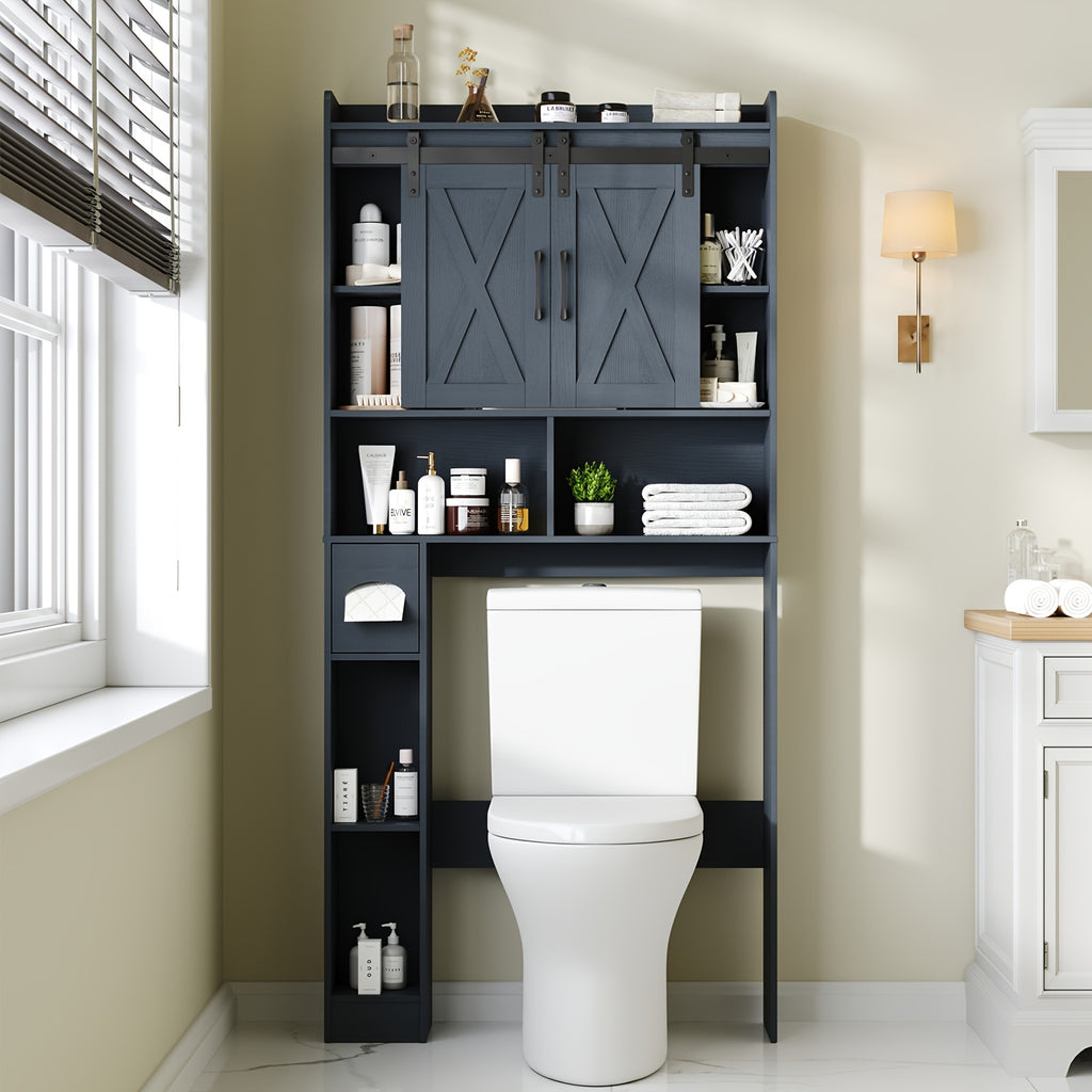 Farmhouse Over Toilet Cabinet with Sliding Doors Engineered Wood Adjustable Shelf Toilet Paper Holder Stand Space Saving Bathroom Storage No Wall Mount Multiple Colors