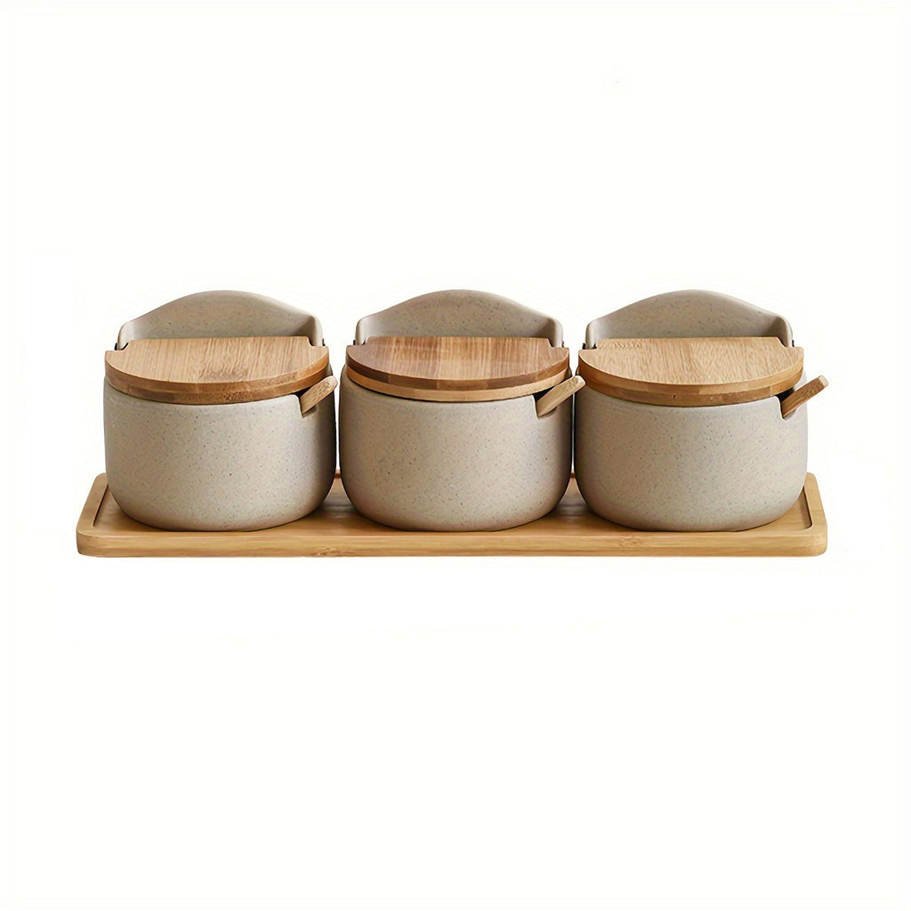 Ceramic Seasoning Pot Set with Tray Lid and Spoon Salt Pepper Spice Jars Kitchen Condiment Containers for Countertop Storage Set of 2 or 3