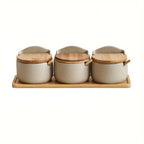 Ceramic Seasoning Pot Set with Tray Lid and Spoon Salt Pepper Spice Jars Kitchen Condiment Containers for Countertop Storage Set of 2 or 3