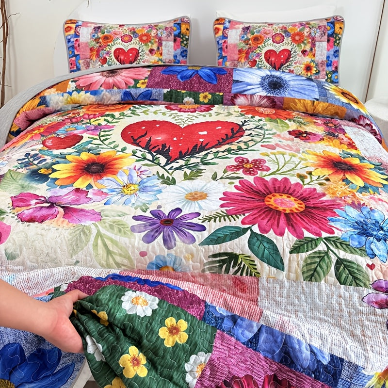 Floral Quilt Set 2 or 3 Piece – Colorful Flowers & Plants Quilted Bedspread with Pillowcases, Soft Breathable Hypoallergenic Machine Washable Bed Cover Twin Queen King
