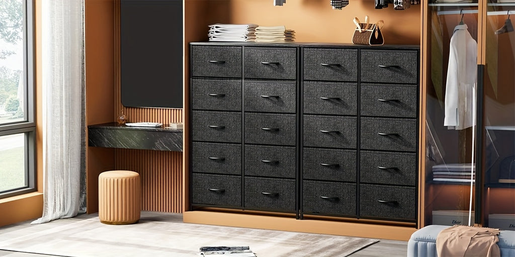 10-Drawer Fabric Storage Cabinet with Hardwood Tabletop | Dresser Organizer for Clothing Bags & Accessories | Black White Rust Gray