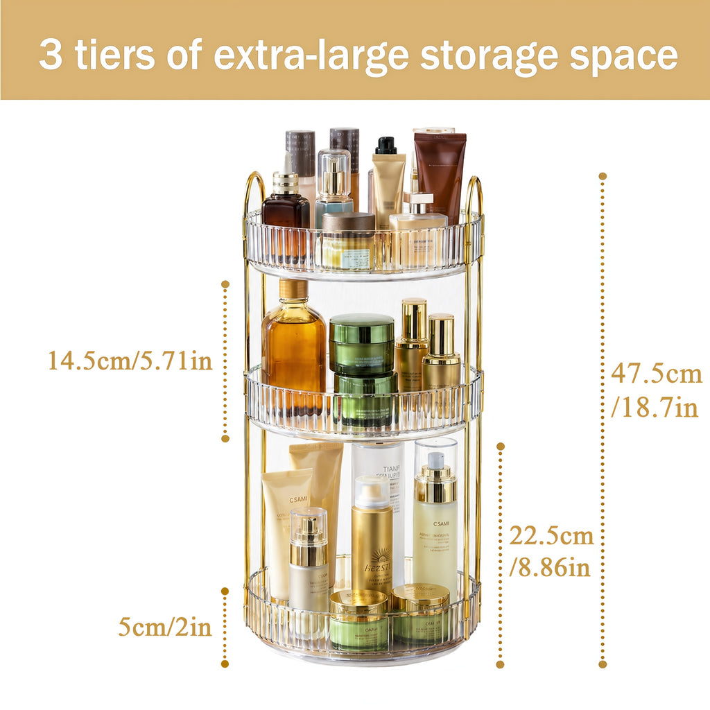 360° Swivel Makeup Organizer 3-Tier Countertop - Rotating Perfume & Cosmetic Organizer, Large Capacity Skincare Storage Rack for Bathroom Dresser Vanity