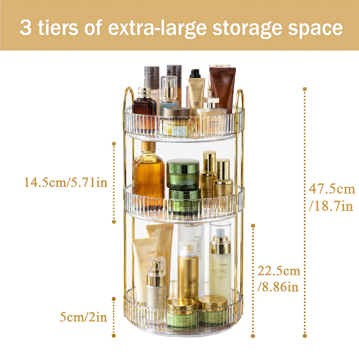 360° Swivel Makeup Organizer 3-Tier Countertop - Rotating Perfume & Cosmetic Organizer, Large Capacity Skincare Storage Rack for Bathroom Dresser Vanity