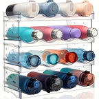 Stackable Water Bottle Organizer 4 Tier Clear – Large Compartment Bottle Holder Rack for Cabinet, Kitchen Organization & Storage, Holds Up to 16 Bottles