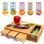 Bamboo Cutting Board with Drawers & Juice Tank – Built-In Food Container, Cheese Shredder & Storage Box for Vegetables, Meat & Cheese, Easy Handgrip Carving Board