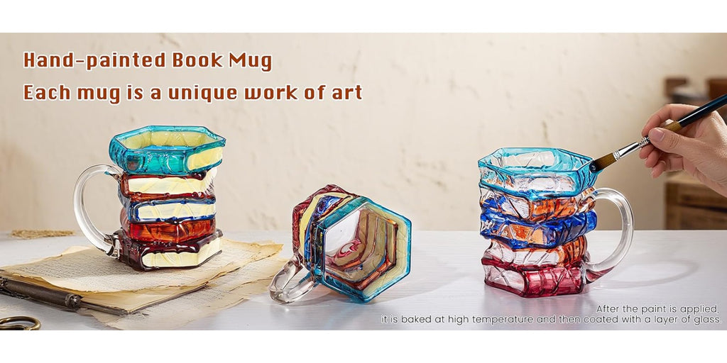 Hand-Painted Book Stack Coffee Mug Stained Glass Art 7oz 14oz Stackable Glass Cup - Novelty Gift for Book Lovers Librarians Women Book Club Literature Enthusiasts | Nuvia Haven