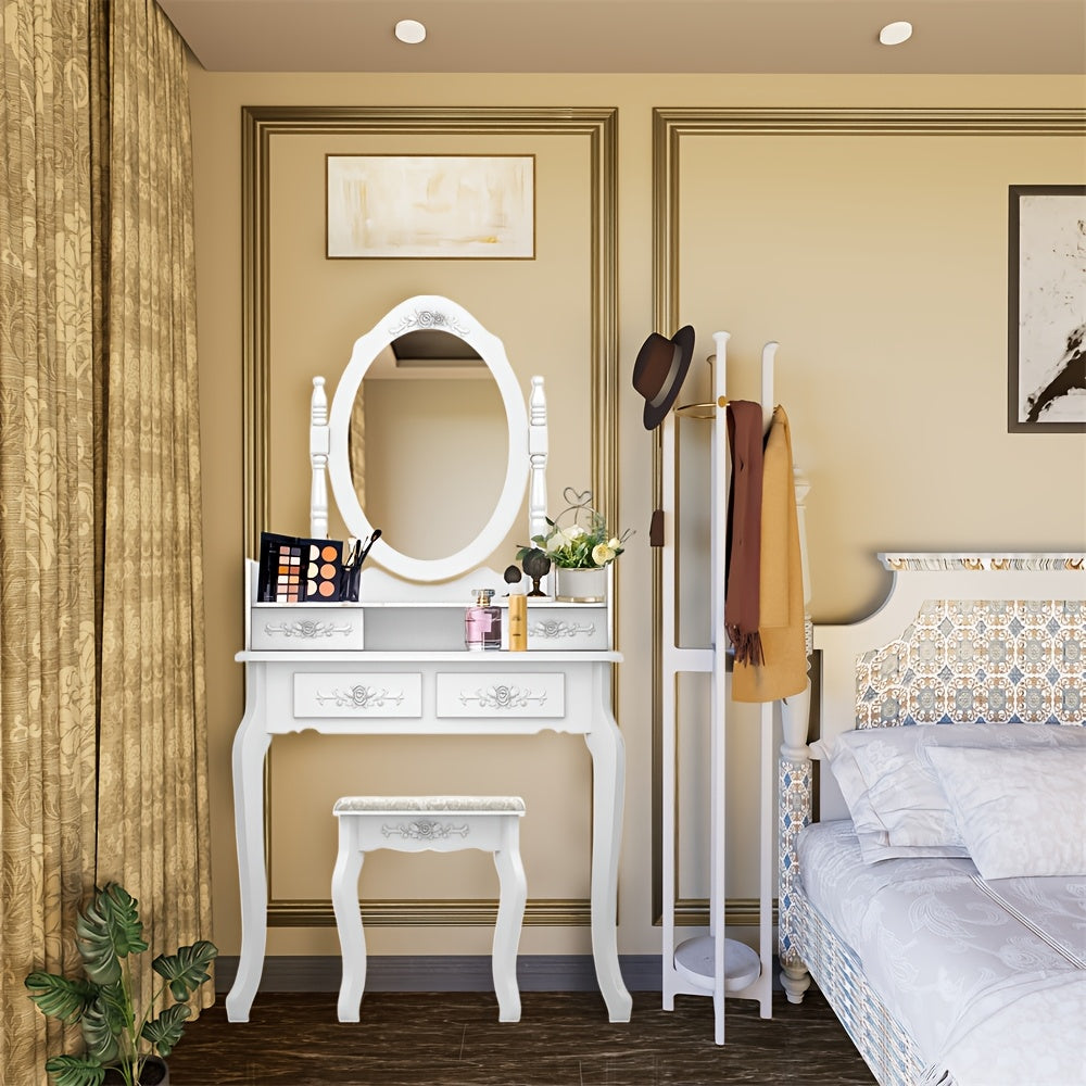 Vanity Desk with Mirror and 4 Drawers 360° Rotating Detachable Dressing Table with Stool – Modern White Makeup Table for Bedroom