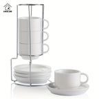 Porcelain Espresso Cups with Saucers 4oz – Set of 4 Stackable Cappuccino Cups with Metal Display Stand for Coffee, Latte & Tea