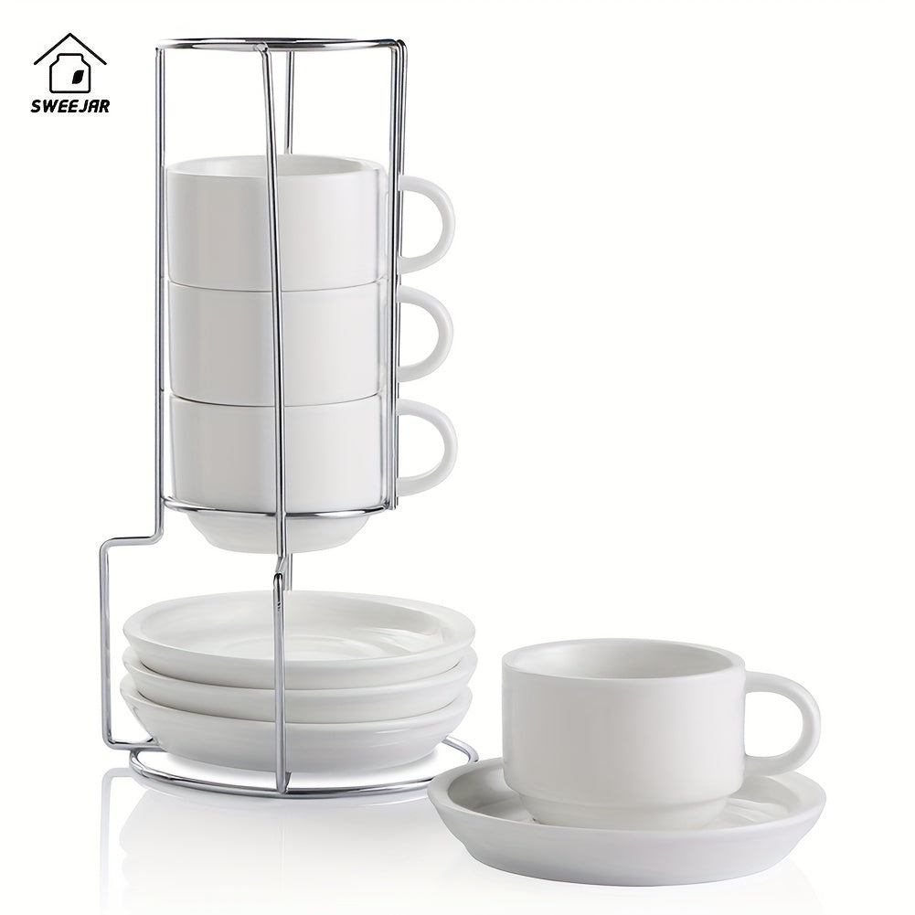 Porcelain Espresso Cups with Saucers 4oz – Set of 4 Stackable Cappuccino Cups with Metal Display Stand for Coffee, Latte & Tea