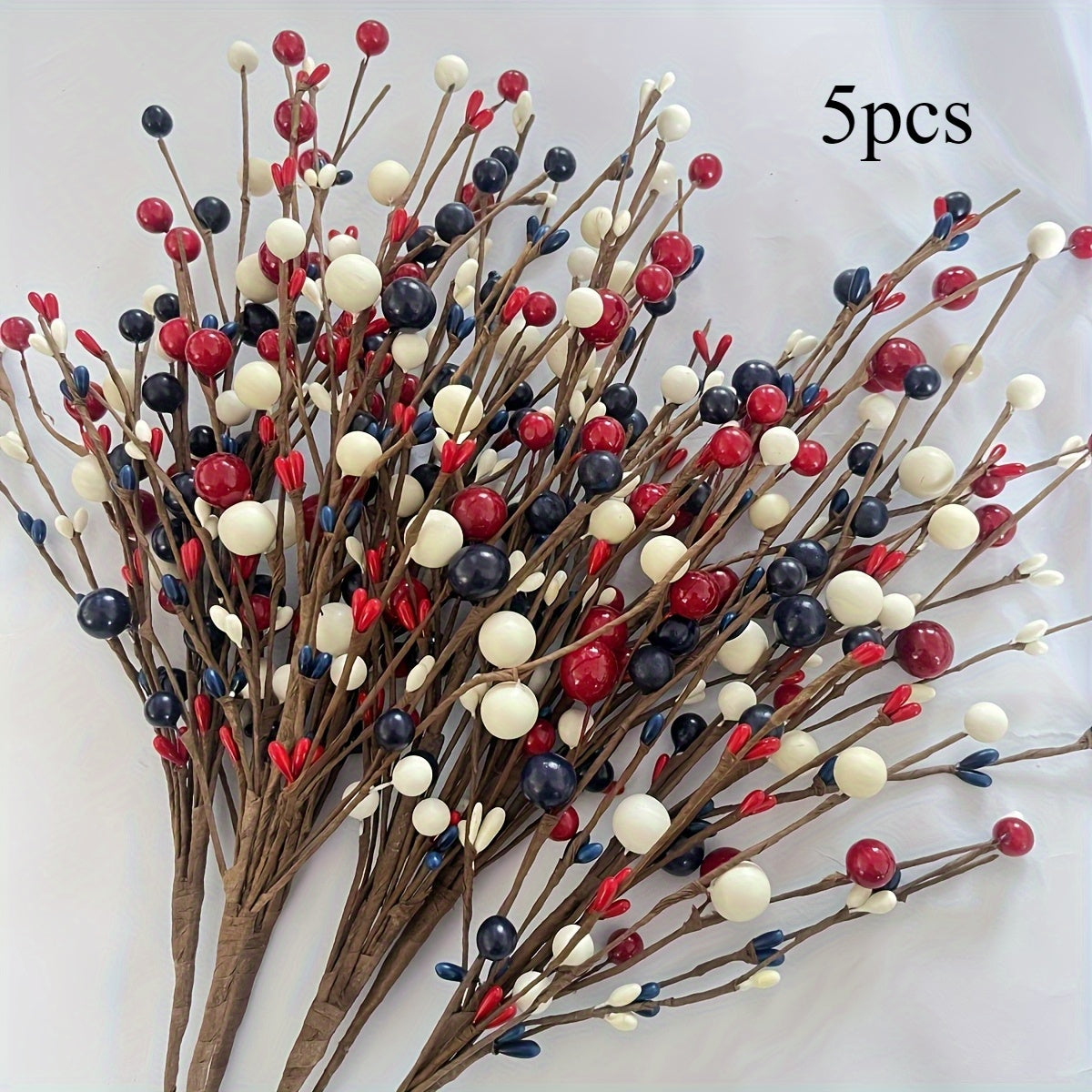 Patriotic Artificial Berry Branches – Set of 5 Red White & Blue Fake Berry Stems for Independence Day, Memorial Day, 4th of July Tabletop & Home Decor, Plastic Floral Picks