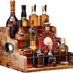 3-Step Solid Wood Liquor Bottle Display Shelf Countertop Wine Rack Bar Organizer for Whiskey Spirits Coffee Syrup Spice Bottles Home Bar Kitchen