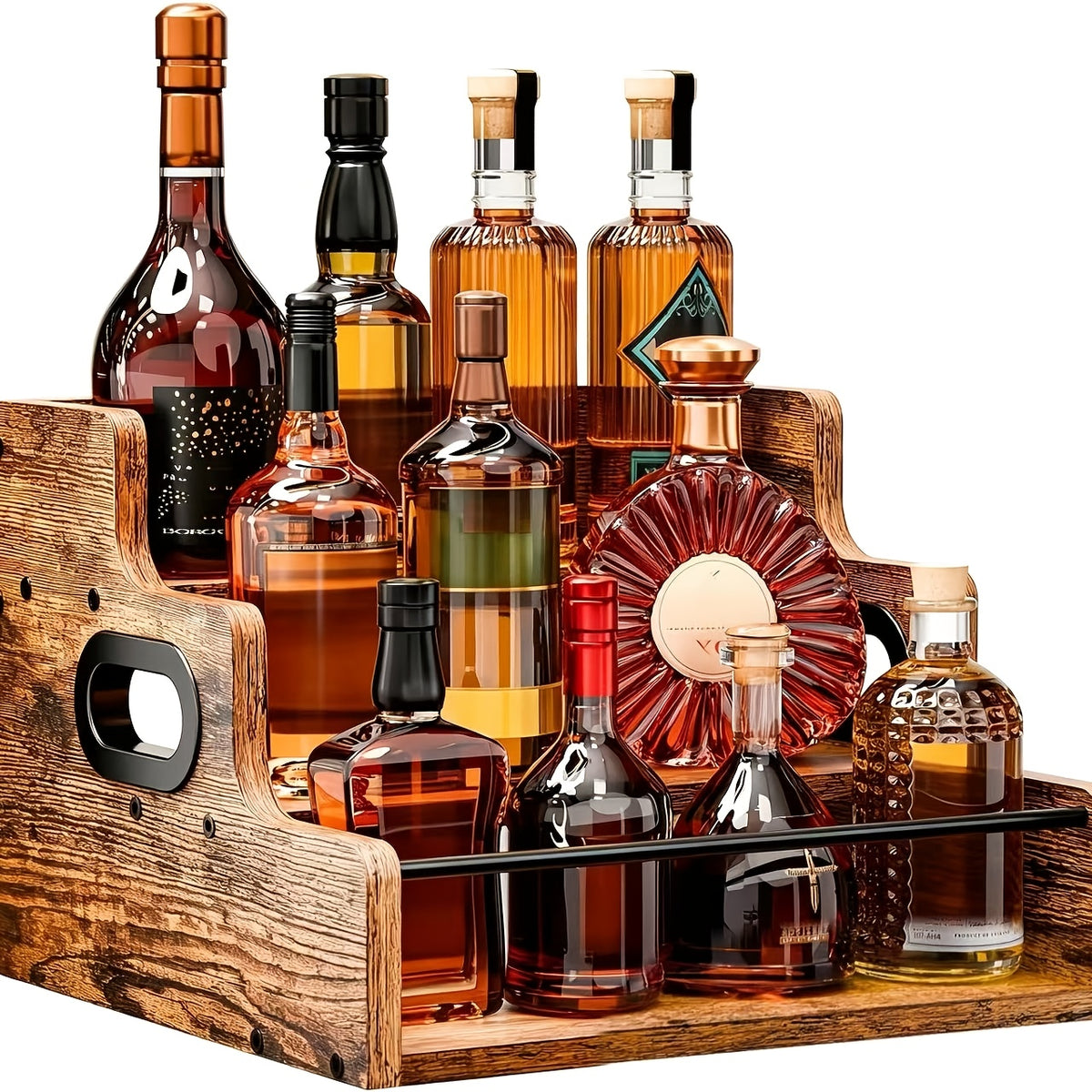 3-Step Solid Wood Liquor Bottle Display Shelf Countertop Wine Rack Bar Organizer for Whiskey Spirits Coffee Syrup Spice Bottles Home Bar Kitchen