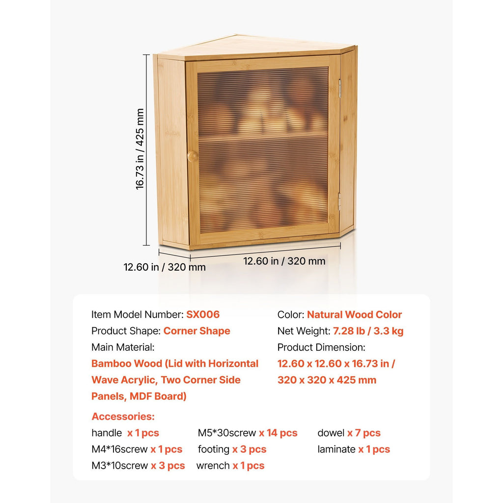 Corner Bread Box for Kitchen Counter Double Layer Bamboo Bread Storage Bin with Adjustable Divider & Acrylic Door - Space Saving Natural